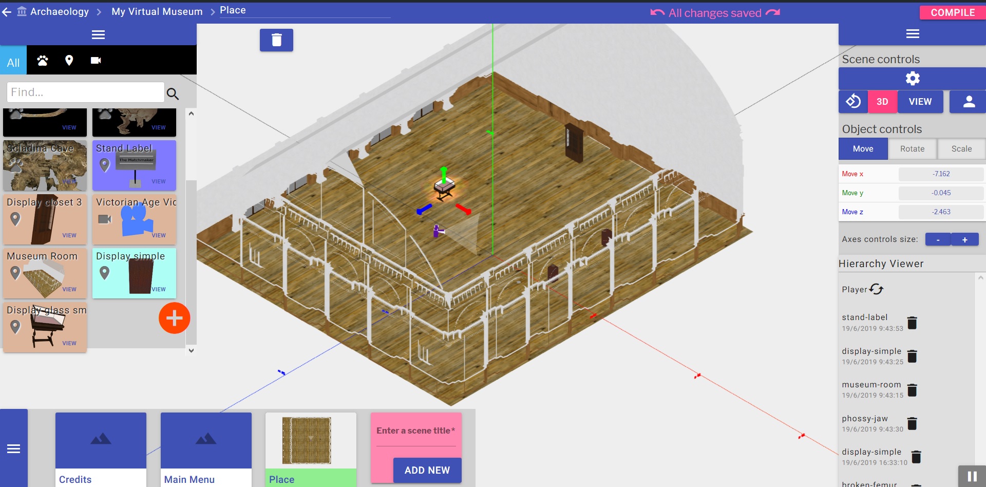 VRodos 3D scene editor showing a virtual museum project.